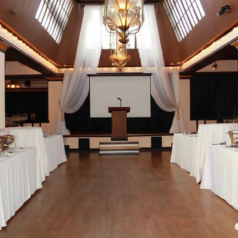 Imperia's main ballroom stage with a projector screen, podium, and double buffet. also features removeable draping to section off the venue into smaller spaces.